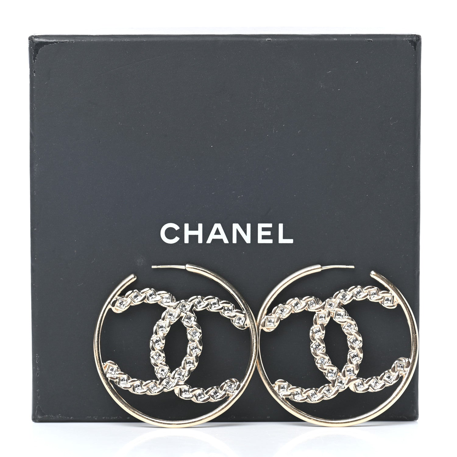 Chanel Crystal High Society CC Hoop Earrings Gold 5 of 5
