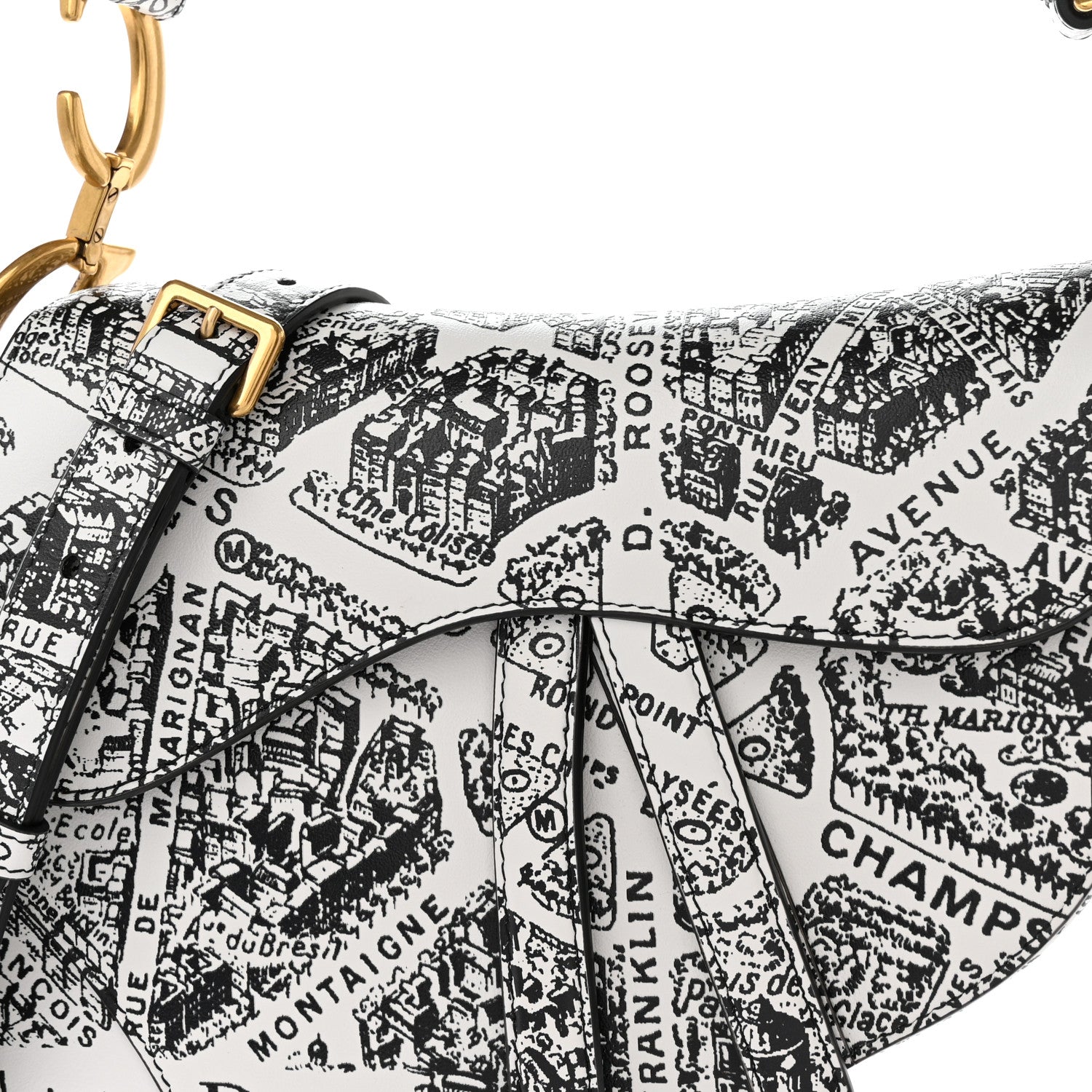 Christian Dior Calfskin Plan De Paris Printed Saddle Bag With Strap White Black 8 of 11