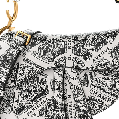 Christian Dior Calfskin Plan De Paris Printed Saddle Bag With Strap White Black 8 of 11