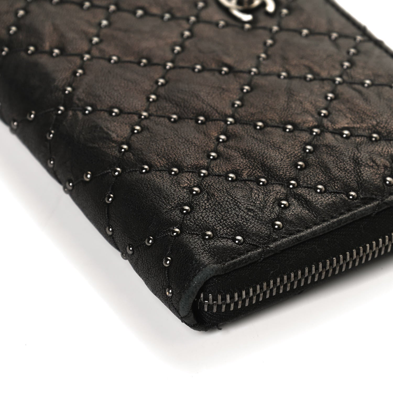 Chanel Crumpled Lambskin Studded Paris Dallas Zip Around Wallet Black 9 of 13