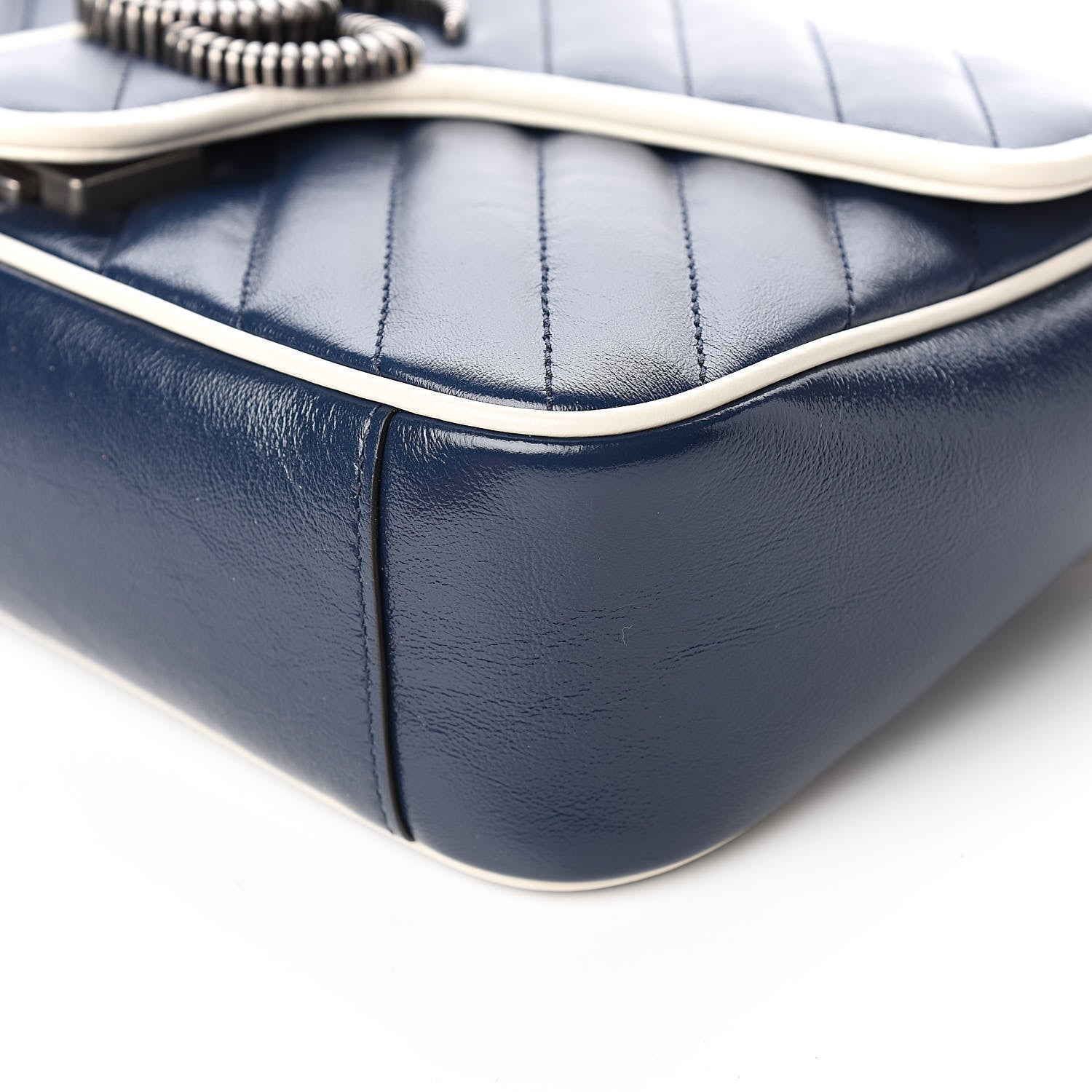 Gucci Vintage Effect Calfskin Matelasse Diagonal Small Torchon GG Marmont Shoulder Bag Blue Agata Mystic White 9 of 10