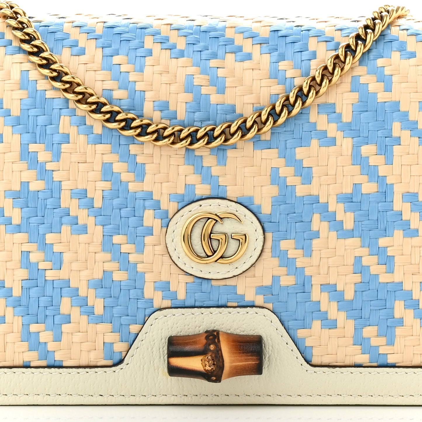 Polished Raffia Textured Dollar Calfskin Houndstooth Mini Diana Chain Bag Natural Light Blue Mystic White