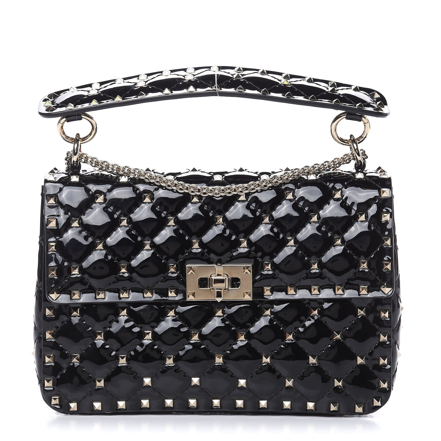 Patent Medium Rockstud Spike Shoulder Bag Black