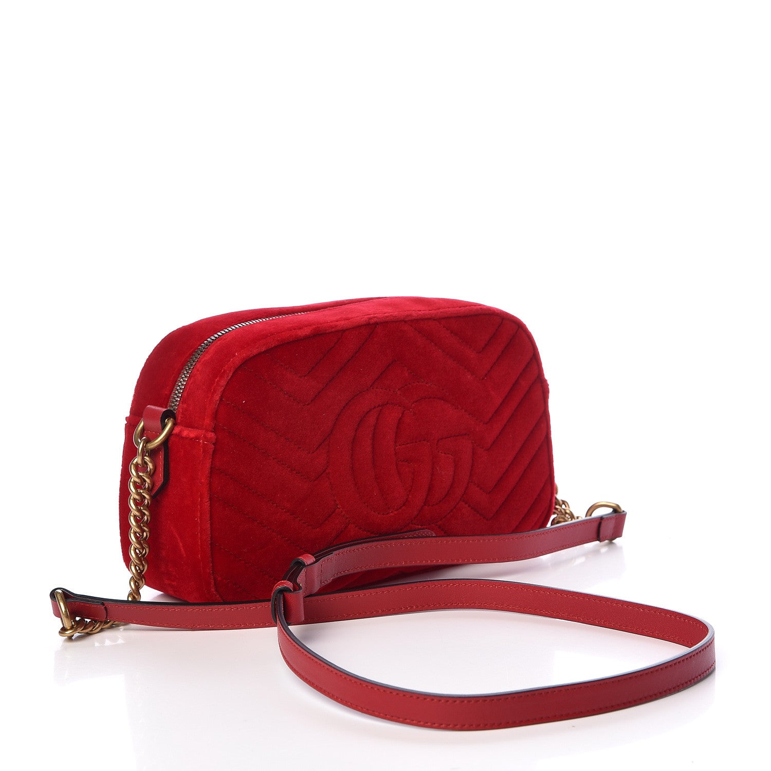 Gucci Velvet Matelasse Small GG Marmont Chain Shoulder Bag Hibiscus Red 3 of 11