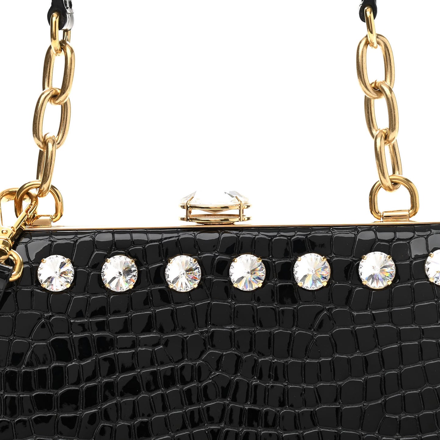 Calfskin Crocodile Embossed Crystal Embellished Solitaire Bag Black