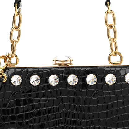 Miu Miu Calfskin Crocodile Embossed Crystal Embellished Solitaire Bag Black 8 of 10