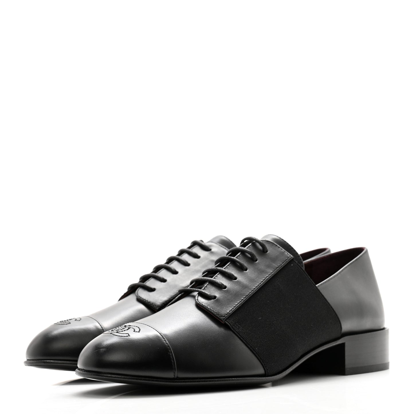 Calfskin Elastic Lace Up Cap Toe CC Loafers 39 Black