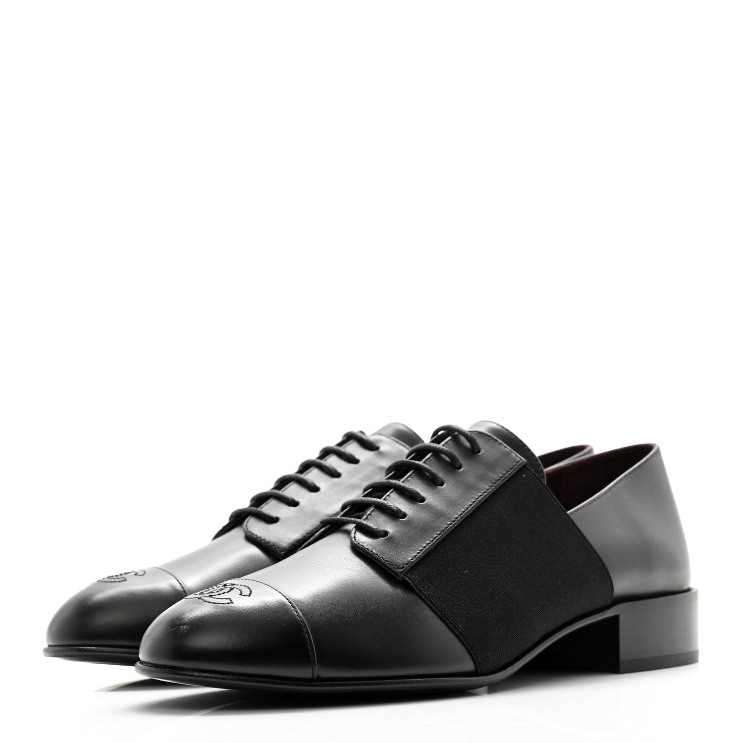 Chanel Calfskin Elastic Lace Up Cap Toe CC Loafers 39 Black 3 of 10