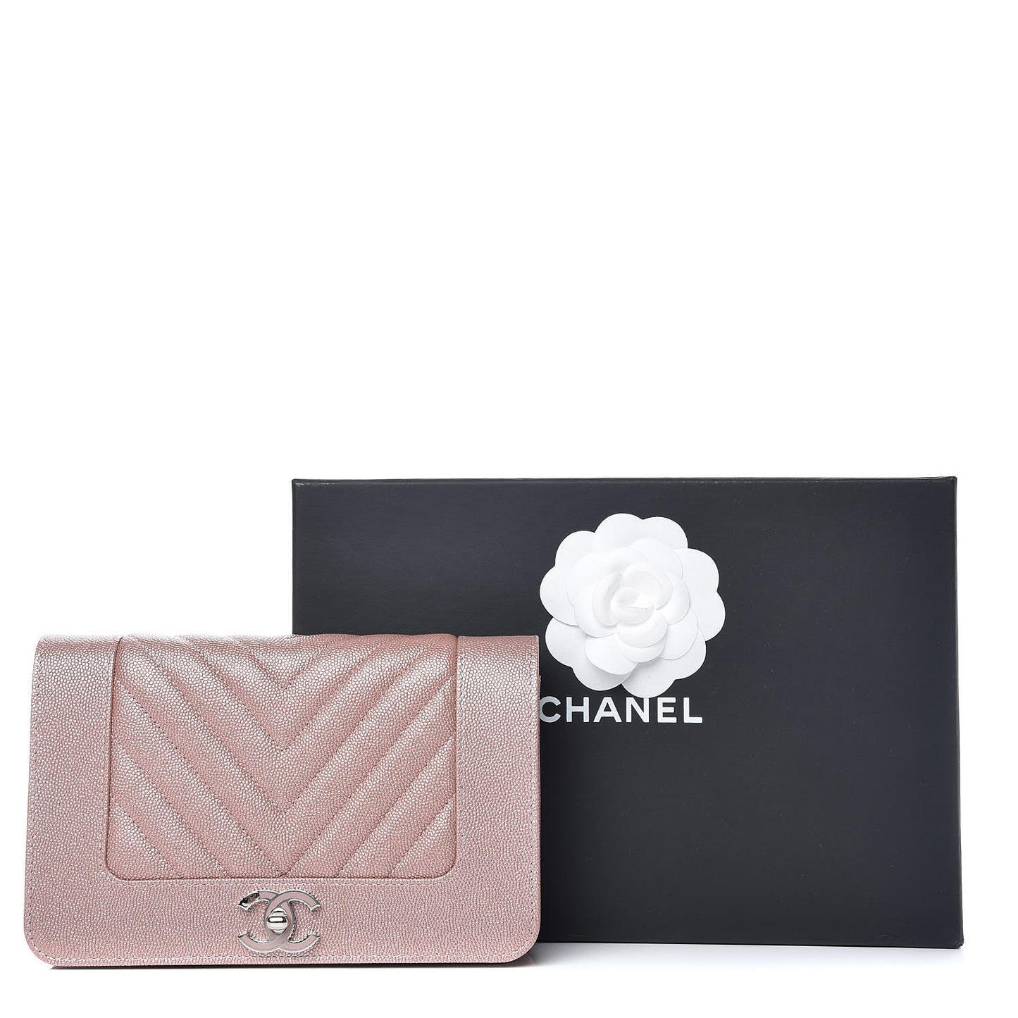 Metallic Caviar Chevron Quilted Vintage Mademoiselle Wallet On Chain WOC Pink