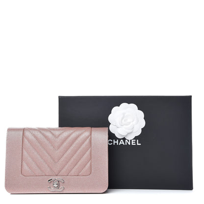 Chanel Metallic Caviar Chevron Quilted Vintage Mademoiselle Wallet On Chain WOC Pink 10 of 10