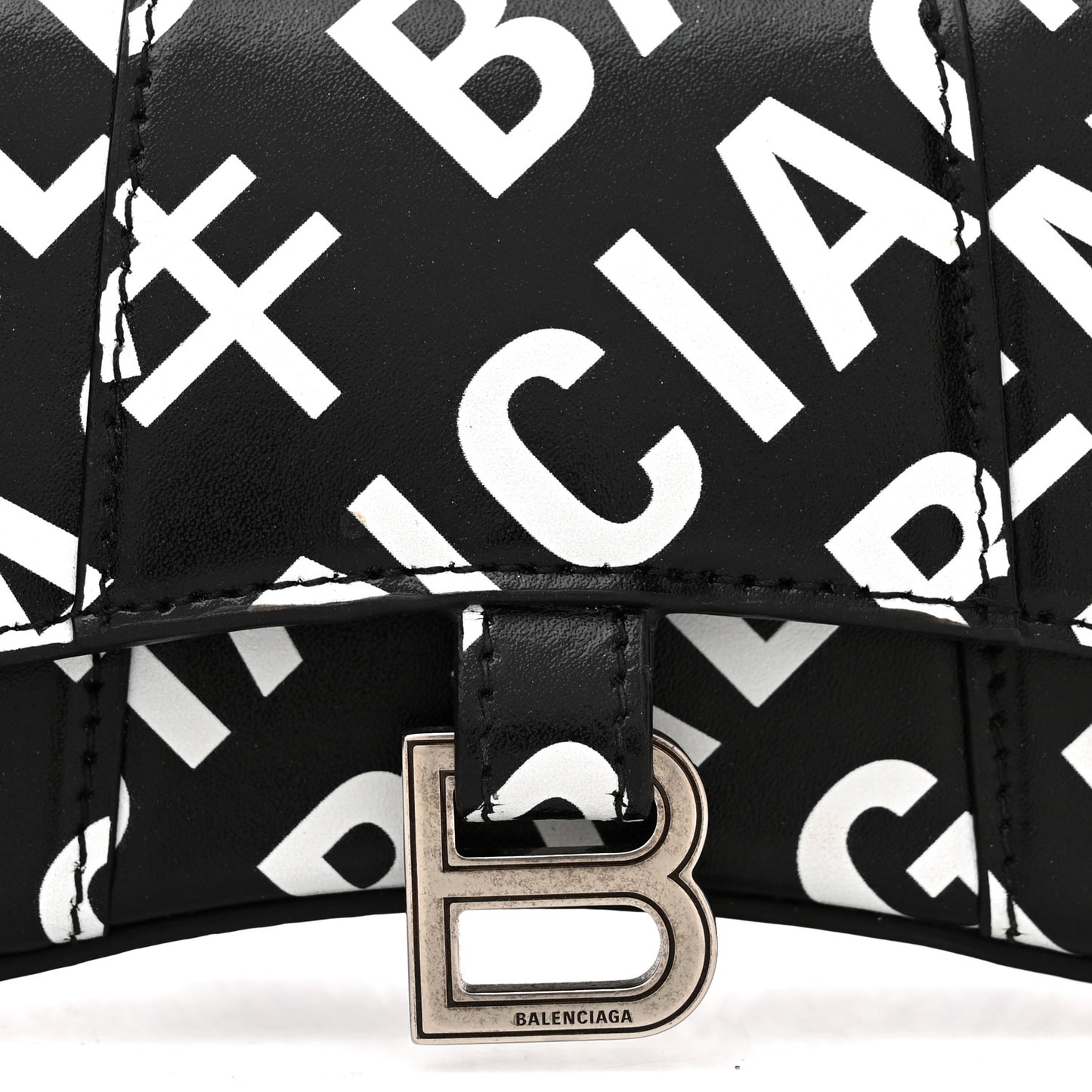 Smooth Calfskin Allover Logo Print Hourglass Top Handle Bag Mini Black White