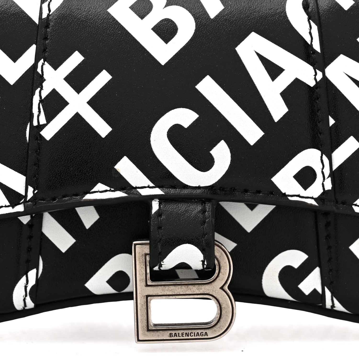 Balenciaga Smooth Calfskin Allover Logo Print Hourglass Top Handle Bag Mini Black White 8 of 11