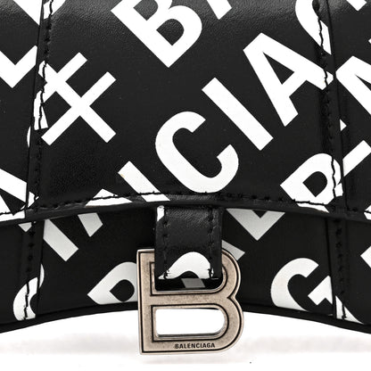 Balenciaga Smooth Calfskin Allover Logo Print Hourglass Top Handle Bag Mini Black White 8 of 11