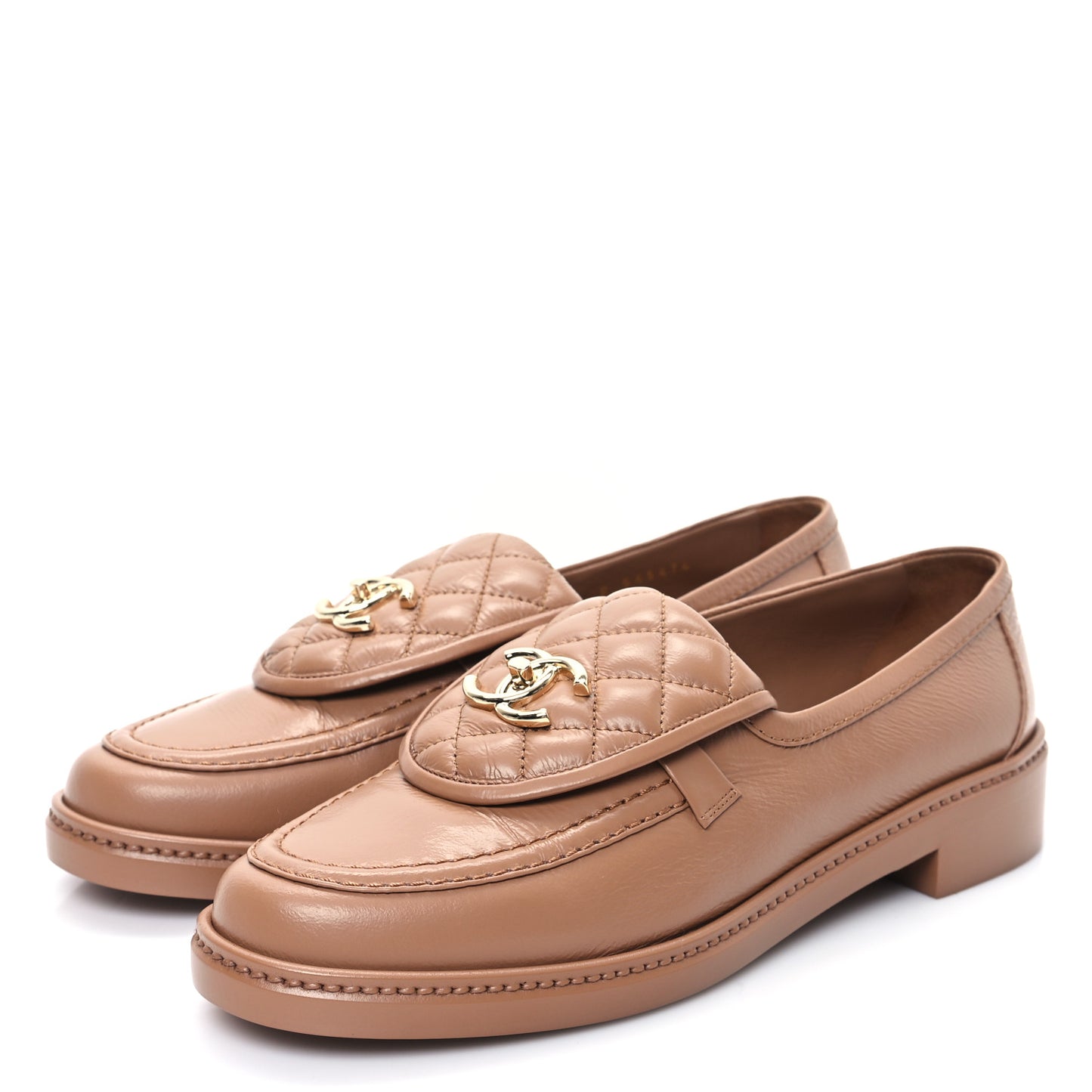 Crumpled Lambskin Quilted CC Turnlock Loafers 40.5 Dark Beige