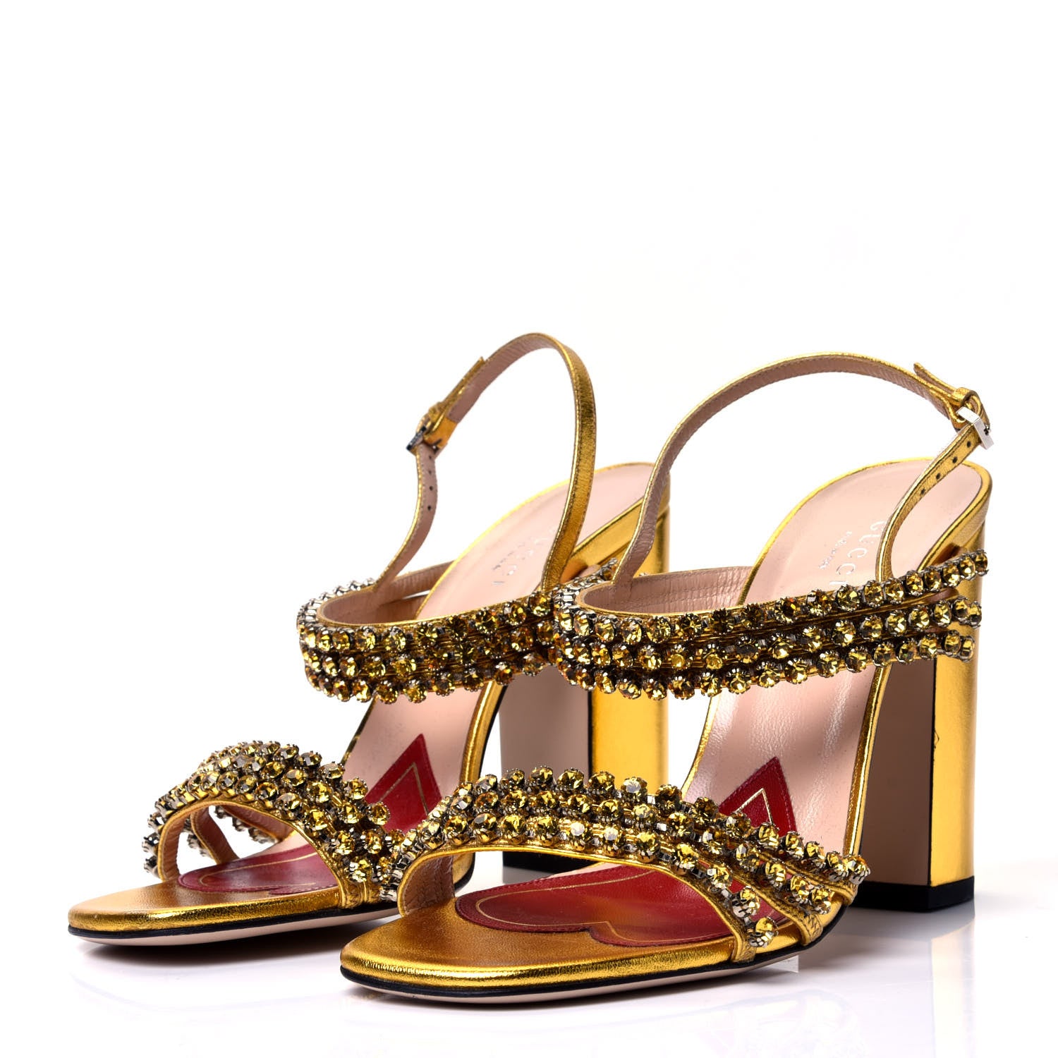 Gucci Nappa Silk Crystal Bertie High Heel Sandals 38.5 Gold 4 of 11