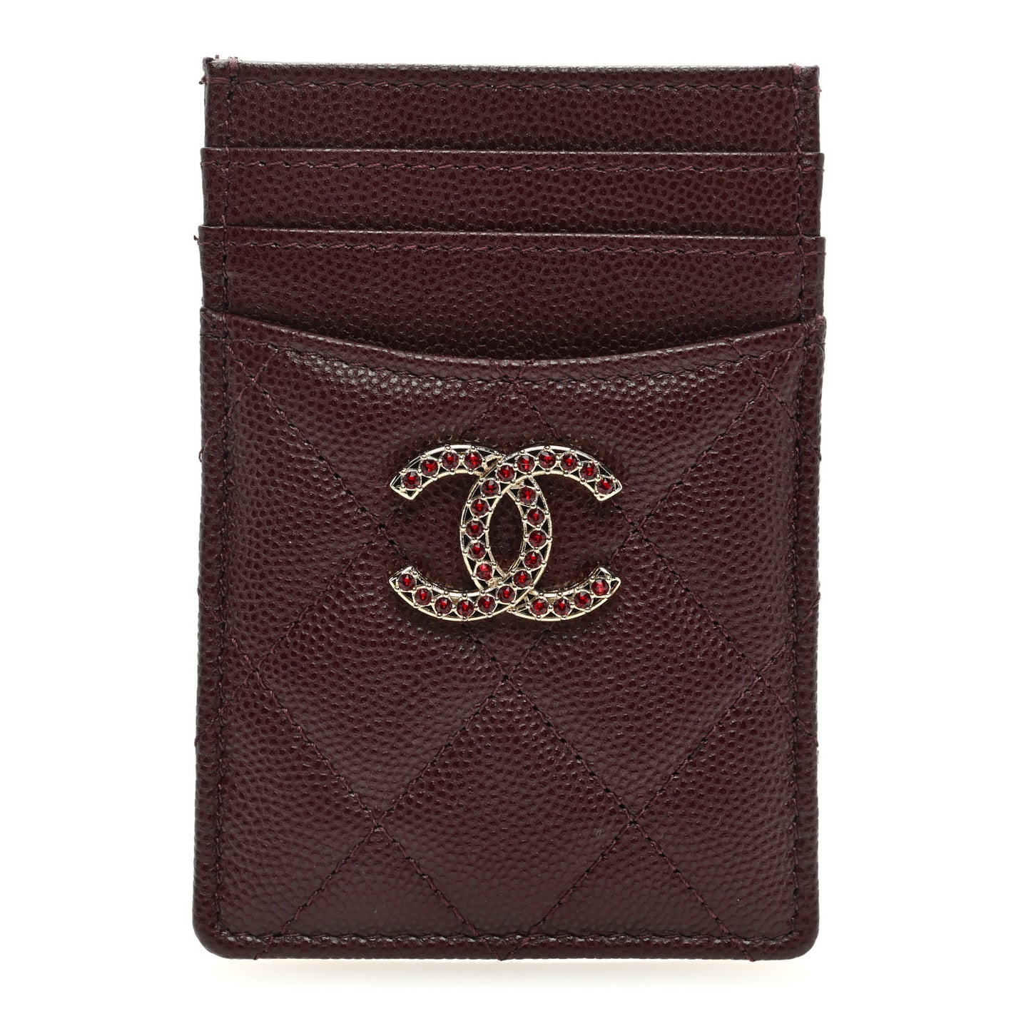 Caviar Quilted Crystal Vertical Card Holder Burgundy