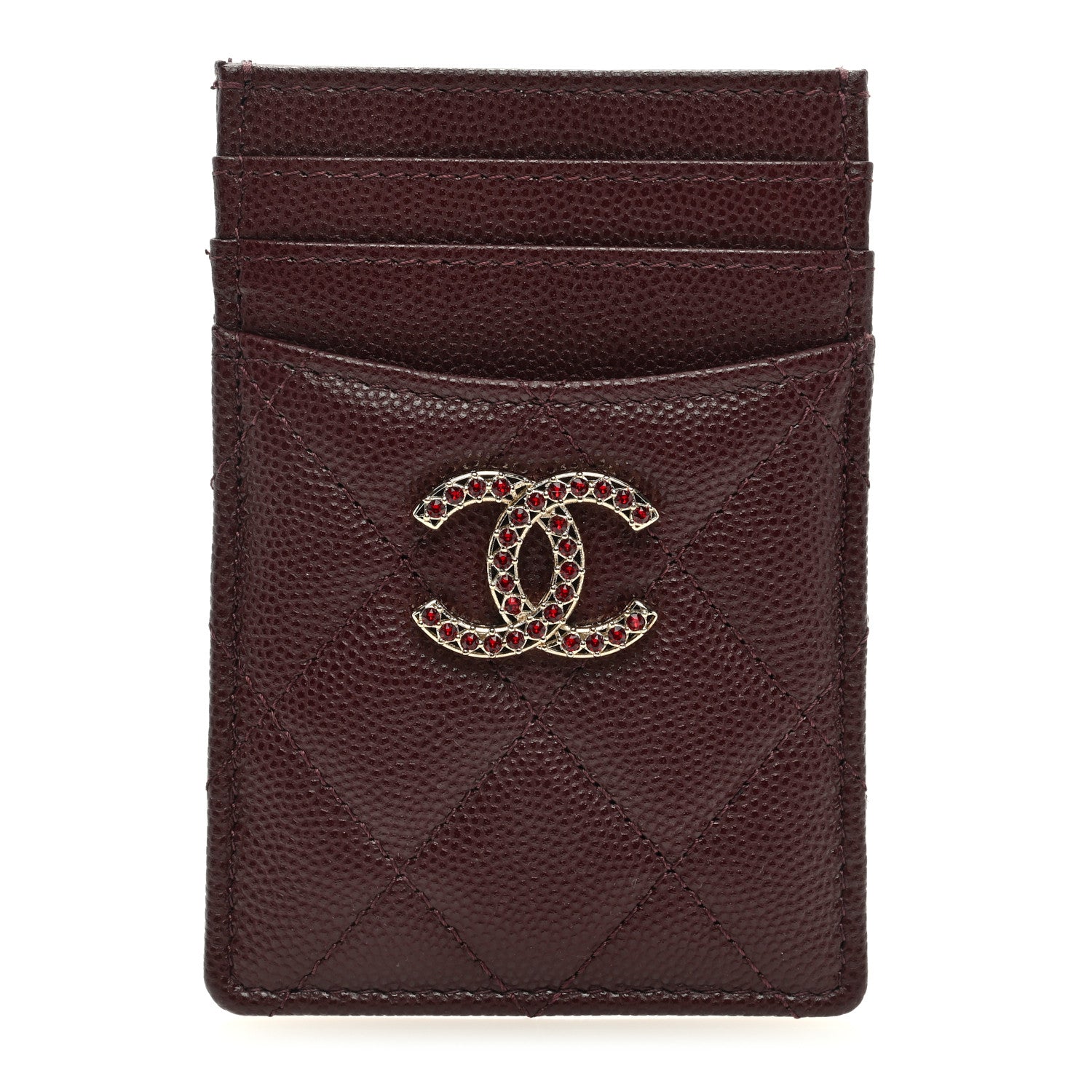 Chanel Caviar Quilted Crystal Vertical Card Holder Burgundy 1 of 7