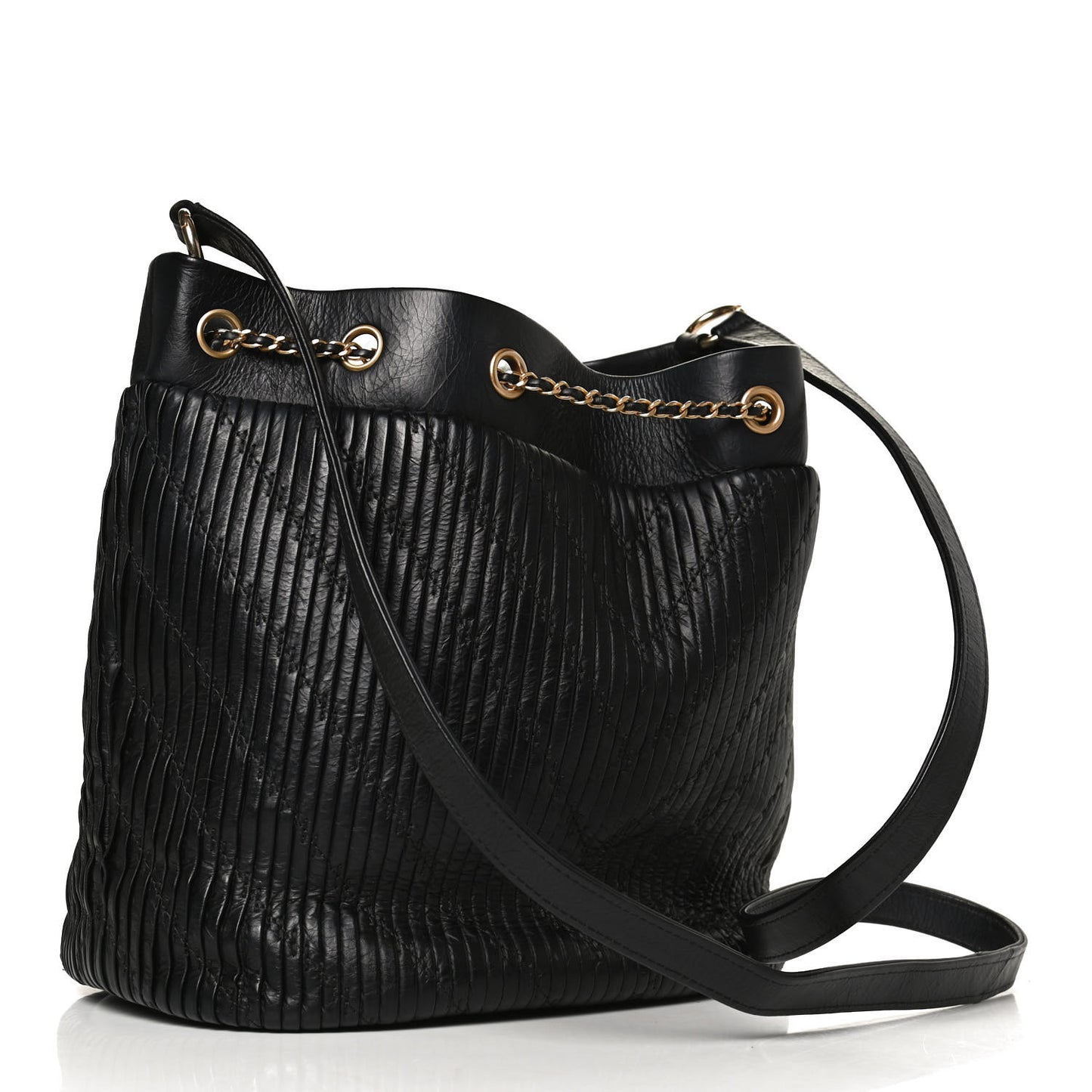 Iridescent Crumpled Calfskin Coco Pleats Drawstring Bag Black