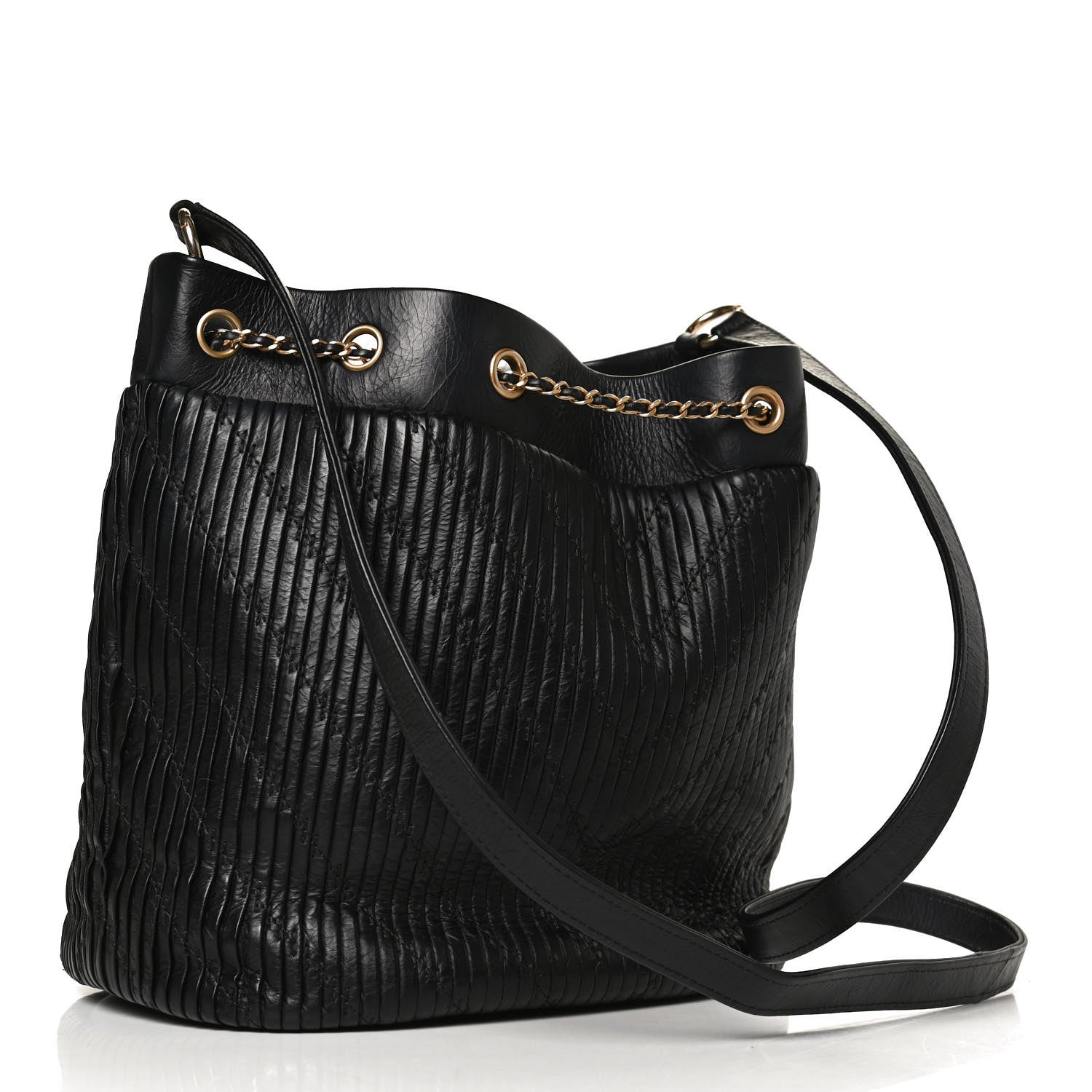 Chanel Iridescent Crumpled Calfskin Coco Pleats Drawstring Bag Black 3 of 12