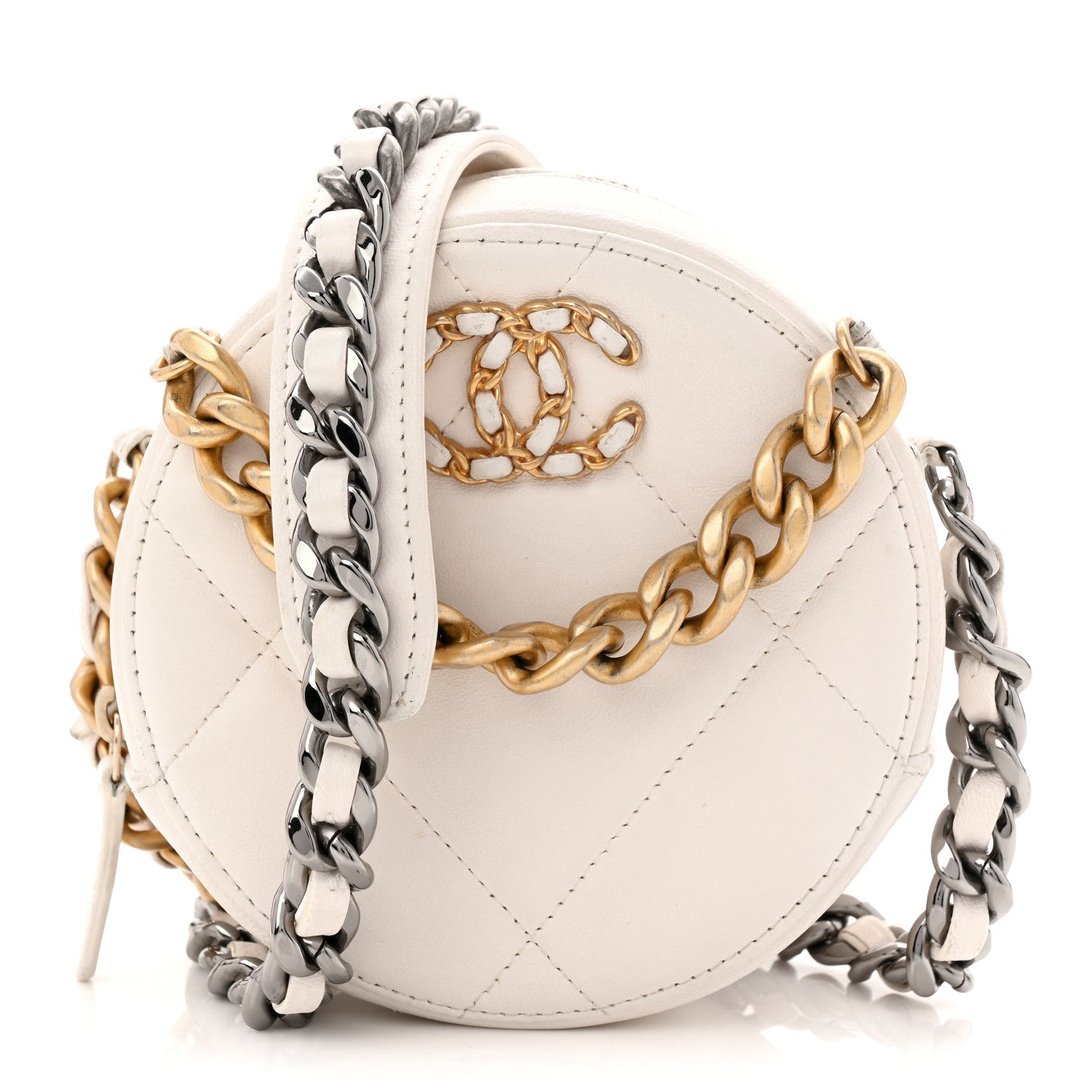 Chanel Shiny Goatskin Quilted Chanel 19 Round Clutch With Chain White 1 of 12