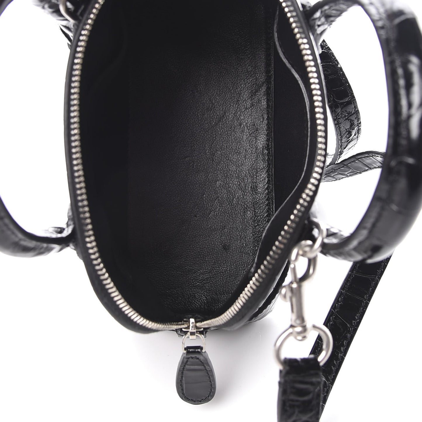 Shiny Calfskin Logo Crocodile Embossed XXS Ville Top Handle Bag Black White