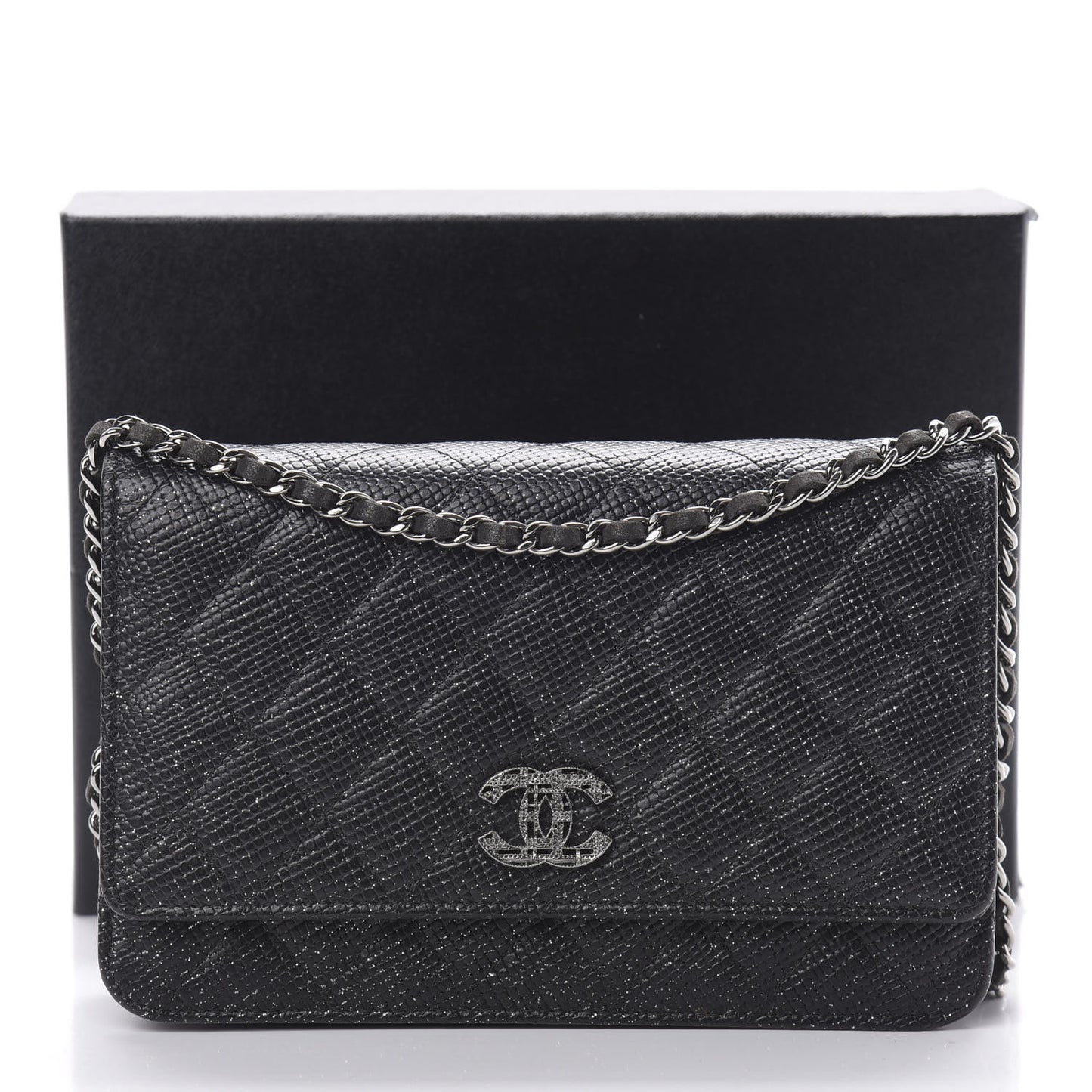 Glitter Calfskin Quilted Wallet on Chain WOC Black Silver
