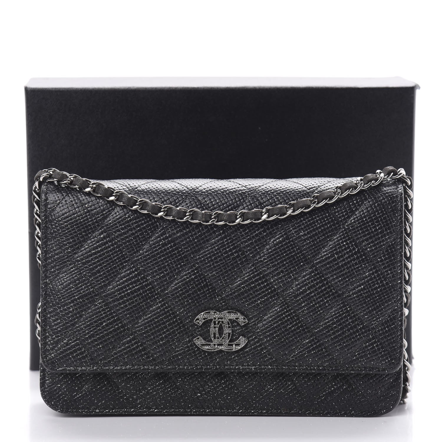 Chanel Glitter Calfskin Quilted Wallet on Chain WOC Black Silver 12 of 12