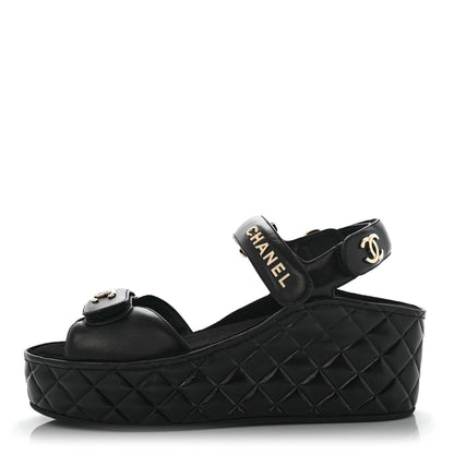 Chanel Shiny Calfskin Logo Platform Sandals 38 Black 1 of 10