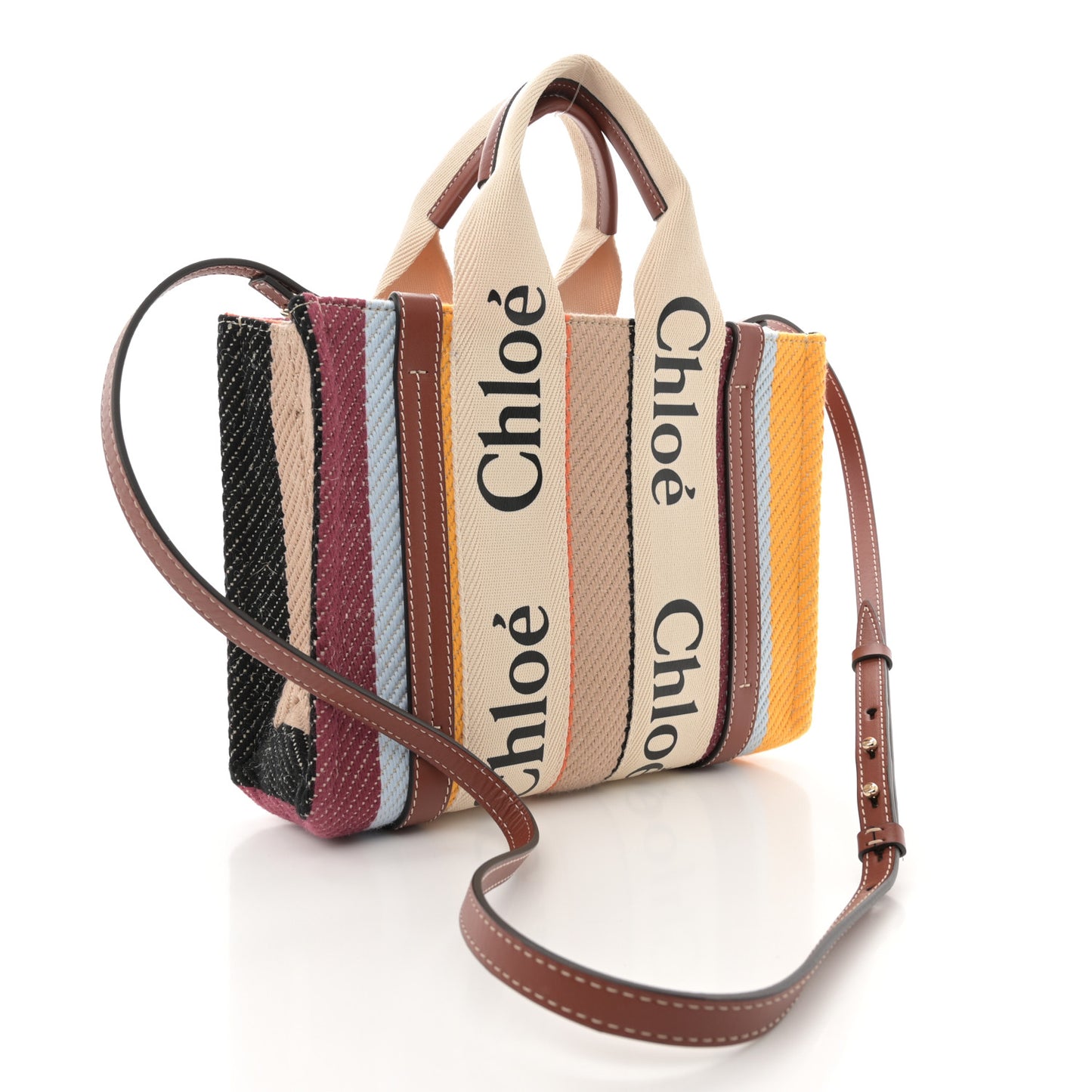 Cotton Calfskin Small Woody Striped Ribbon Tote Multicolor