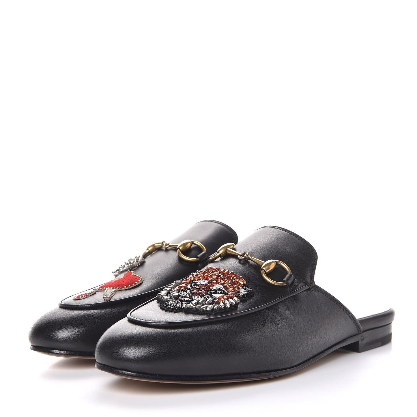 Calfskin Crystal Tiger Embroidered Womens Princetown Slippers 36 Black