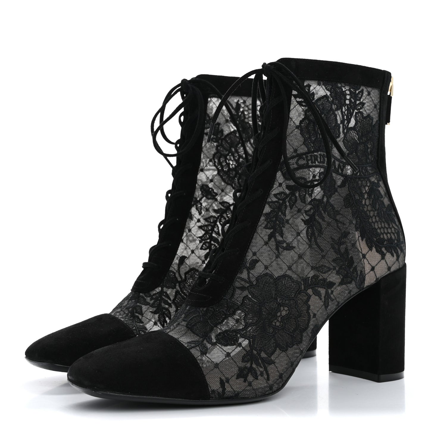Suede Transparent Mesh Embroidered Roses Naughtily-D Heeled Lace Up Ankle Boots 40.5 Black