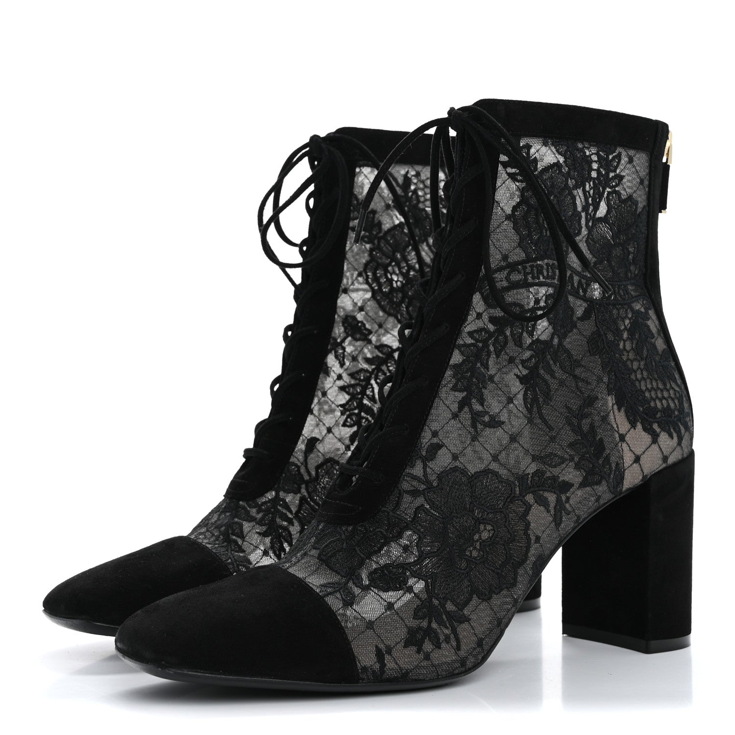 Christian Dior Suede Transparent Mesh Embroidered Roses Naughtily-D Heeled Lace Up Ankle Boots 40.5 Black 4 of 13