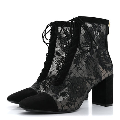 Christian Dior Suede Transparent Mesh Embroidered Roses Naughtily-D Heeled Lace Up Ankle Boots 40.5 Black 4 of 13
