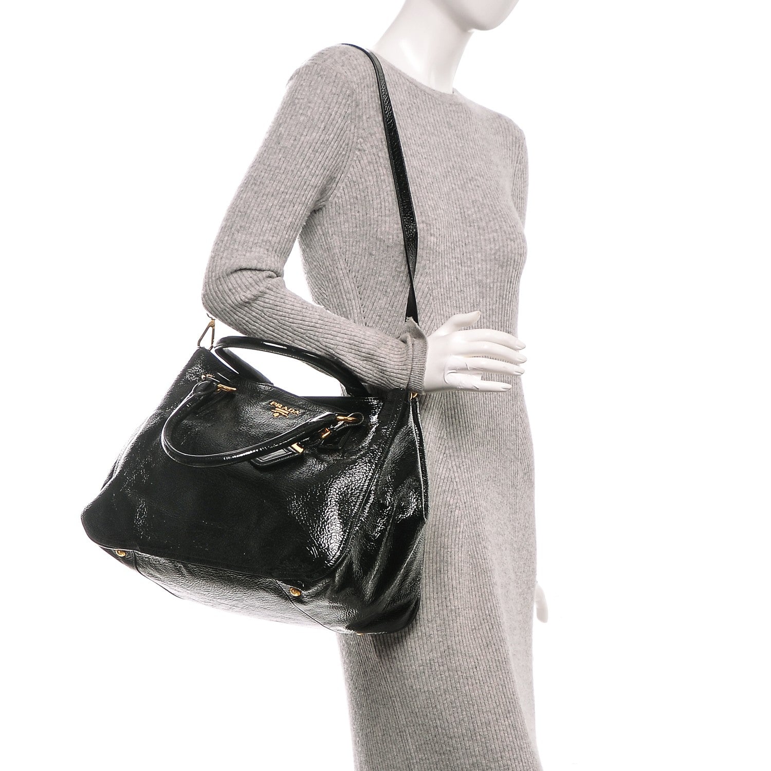 Prada Vernice Naplak Zipper Bowler Tote Black 2 of 5