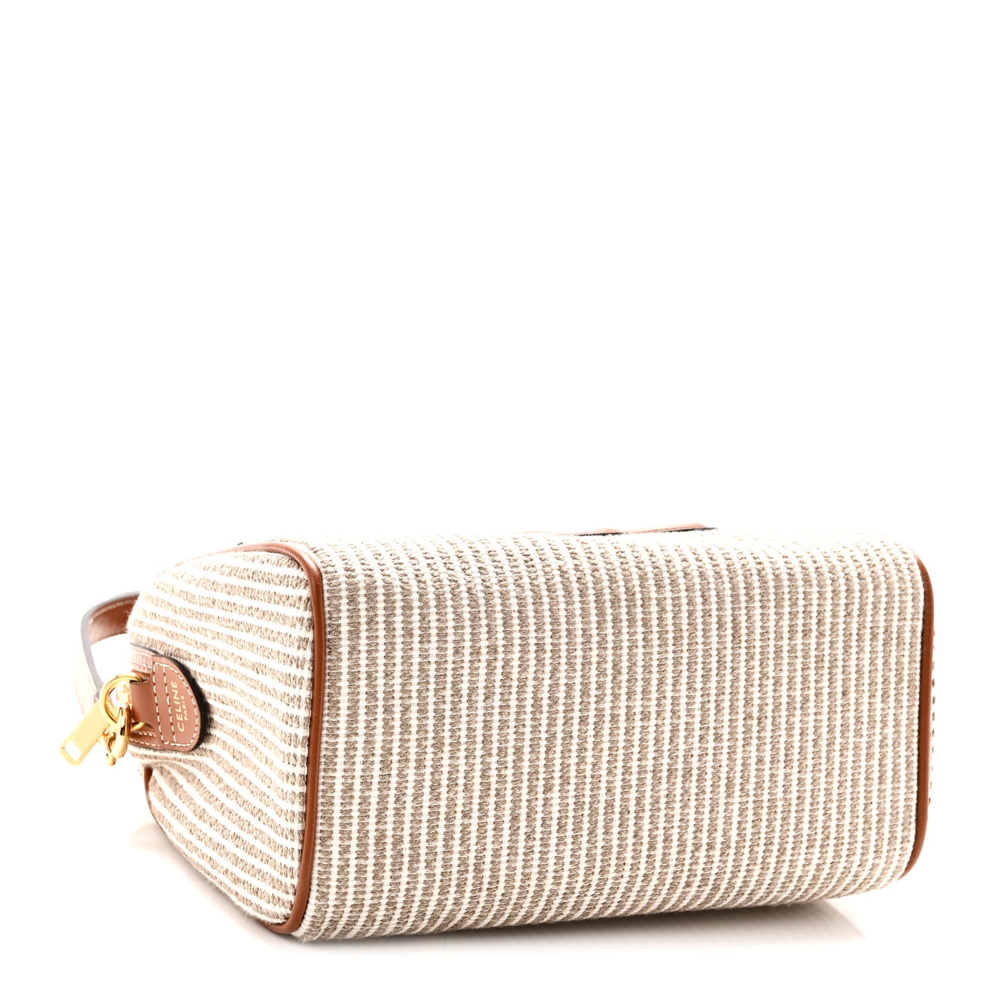 Triomphe Textile Calfskin Striped Small Boston Bag Natural Tan