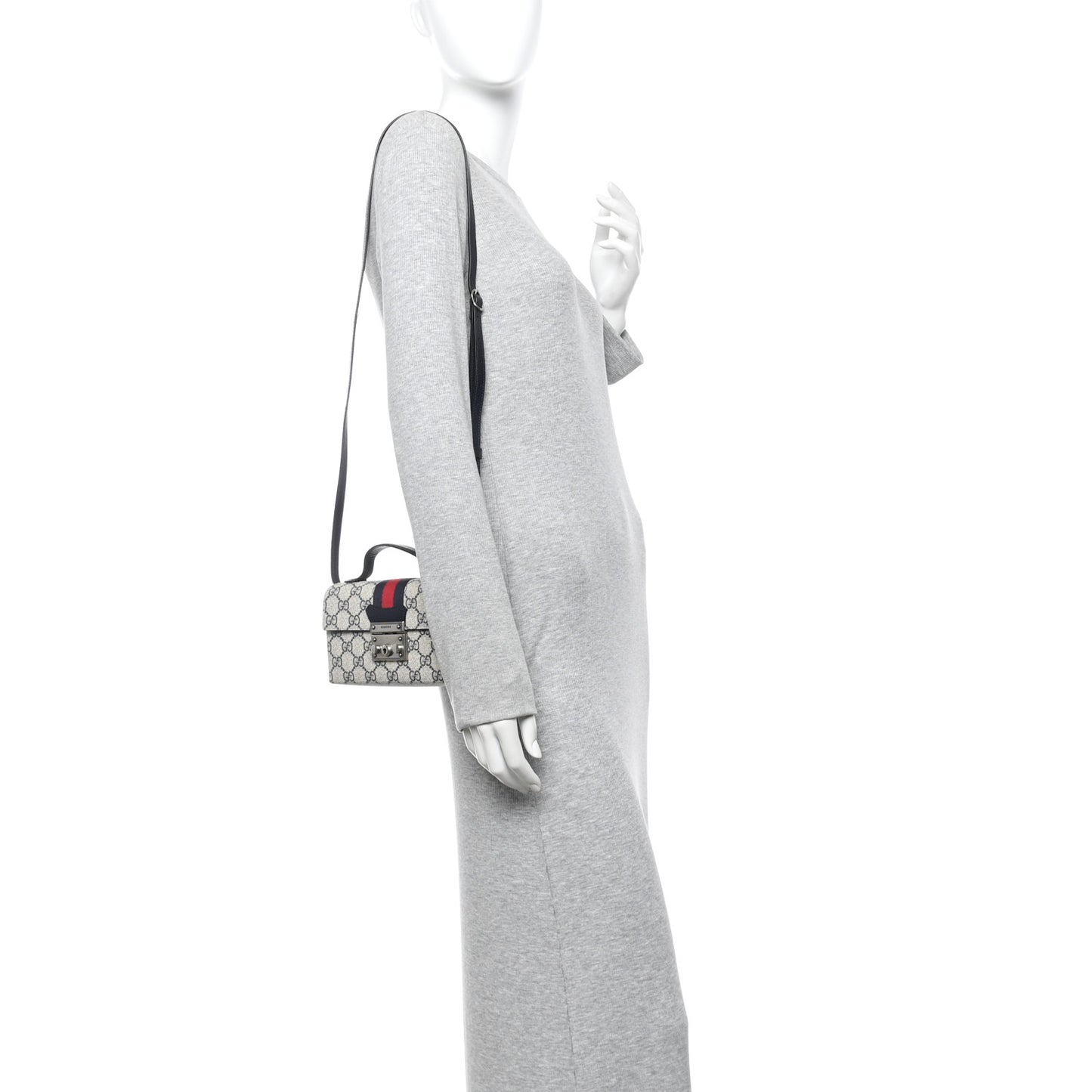 GG Supreme Monogram Textured Dollar Calfskin Web Mini Padlock Top Handle Shoulder Bag Beige Blue