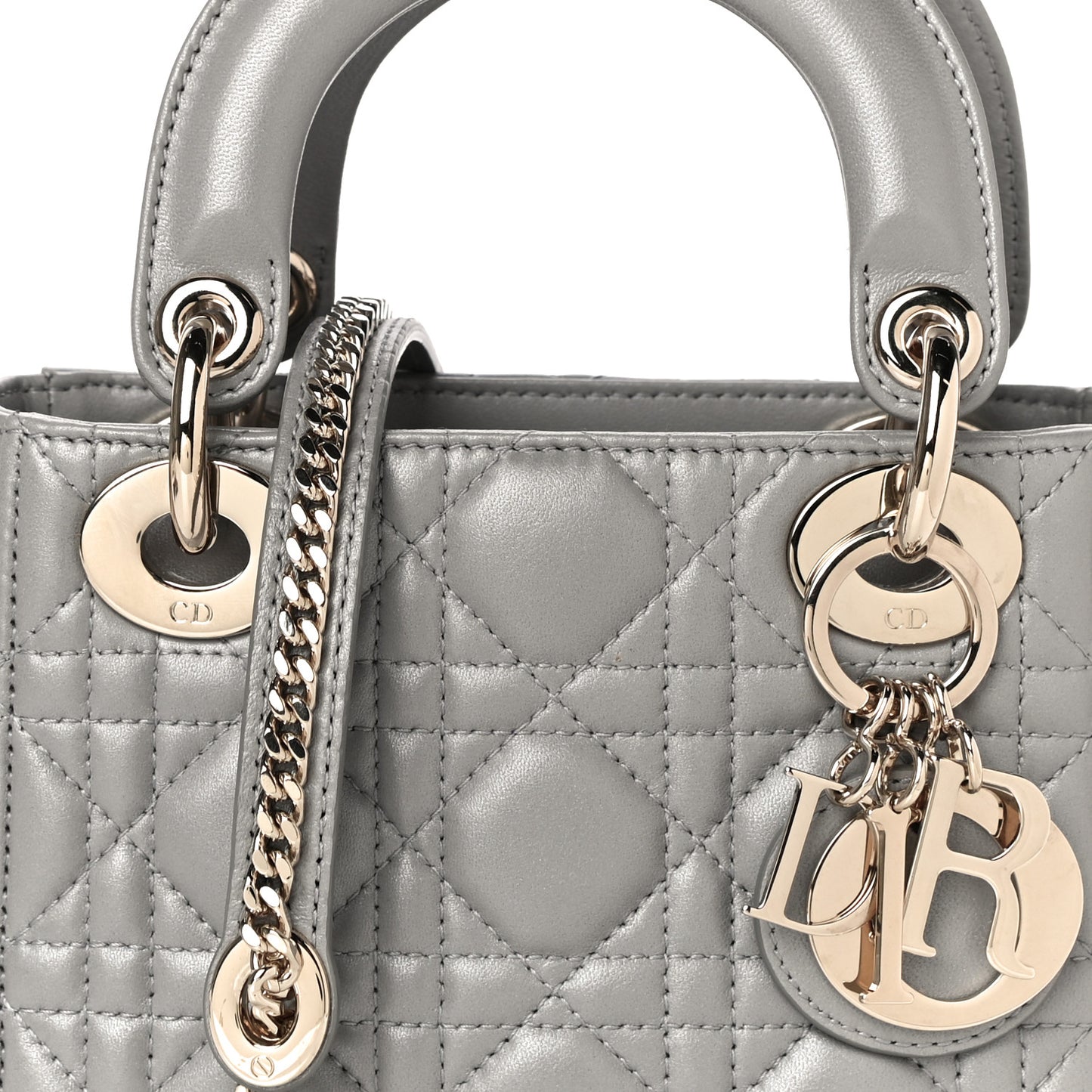 Metallic Lambskin Cannage Mini Lady Dior Grey