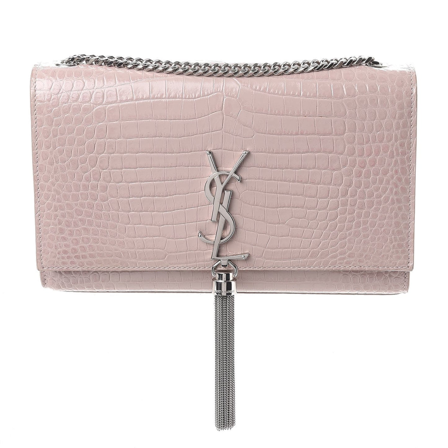 Calfskin Crocodile Embossed Medium Classic Monogram Kate Tassel Satchel Powder Pink