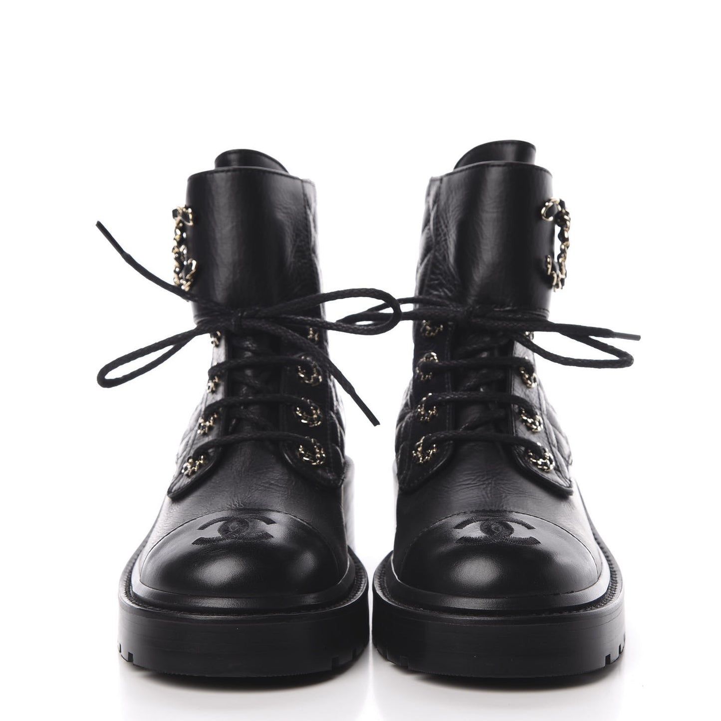 Shiny Goatskin Calfskin Quilted Lace Up Combat Boots 36 Black