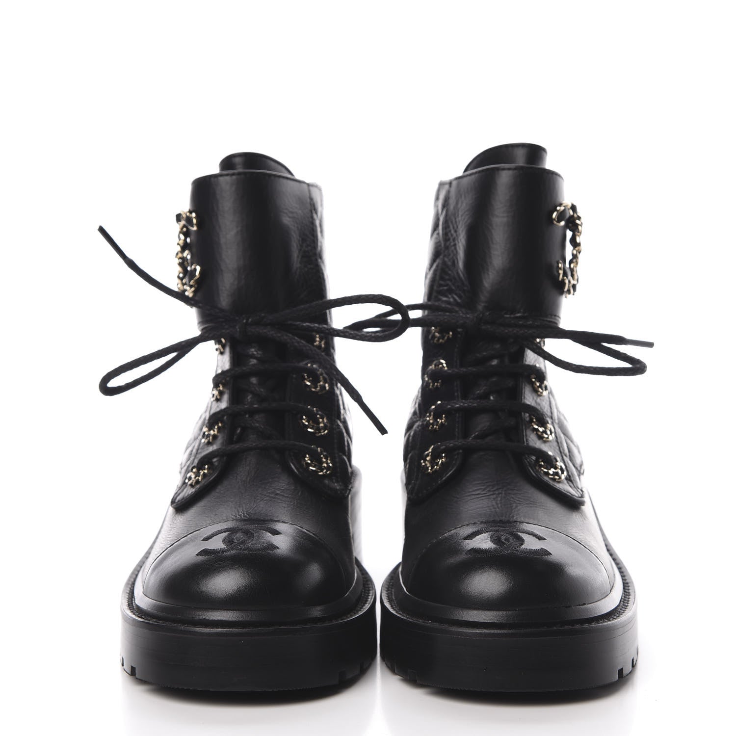 Chanel Shiny Goatskin Calfskin Quilted Lace Up Combat Boots 36 Black 2 of 9