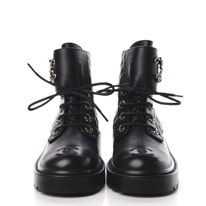 Chanel Shiny Goatskin Calfskin Quilted Lace Up Combat Boots 36 Black 2 of 9