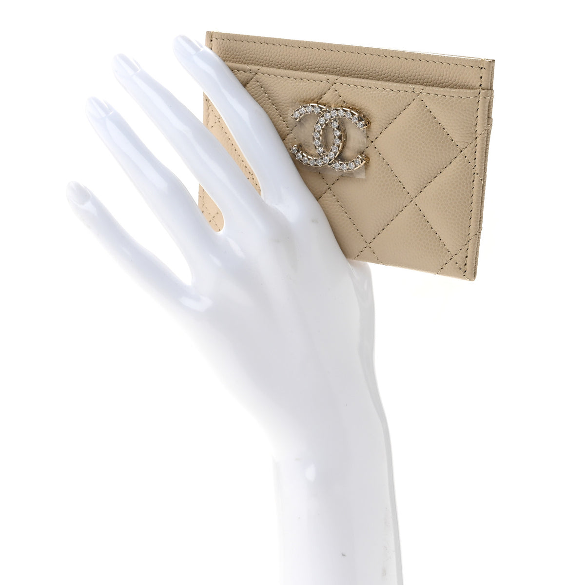 Caviar Quilted Crystal Card Holder Beige
