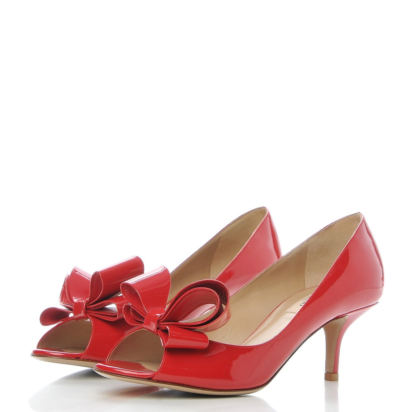 Patent Couture Bow Peep Toe Low Heel Pumps 37.5 Rosso Valentino