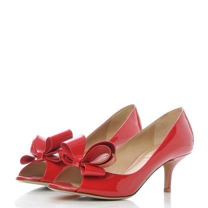 Valentino Garavani Patent Couture Bow Peep Toe Low Heel Pumps 37.5 Rosso Valentino 3 of 9