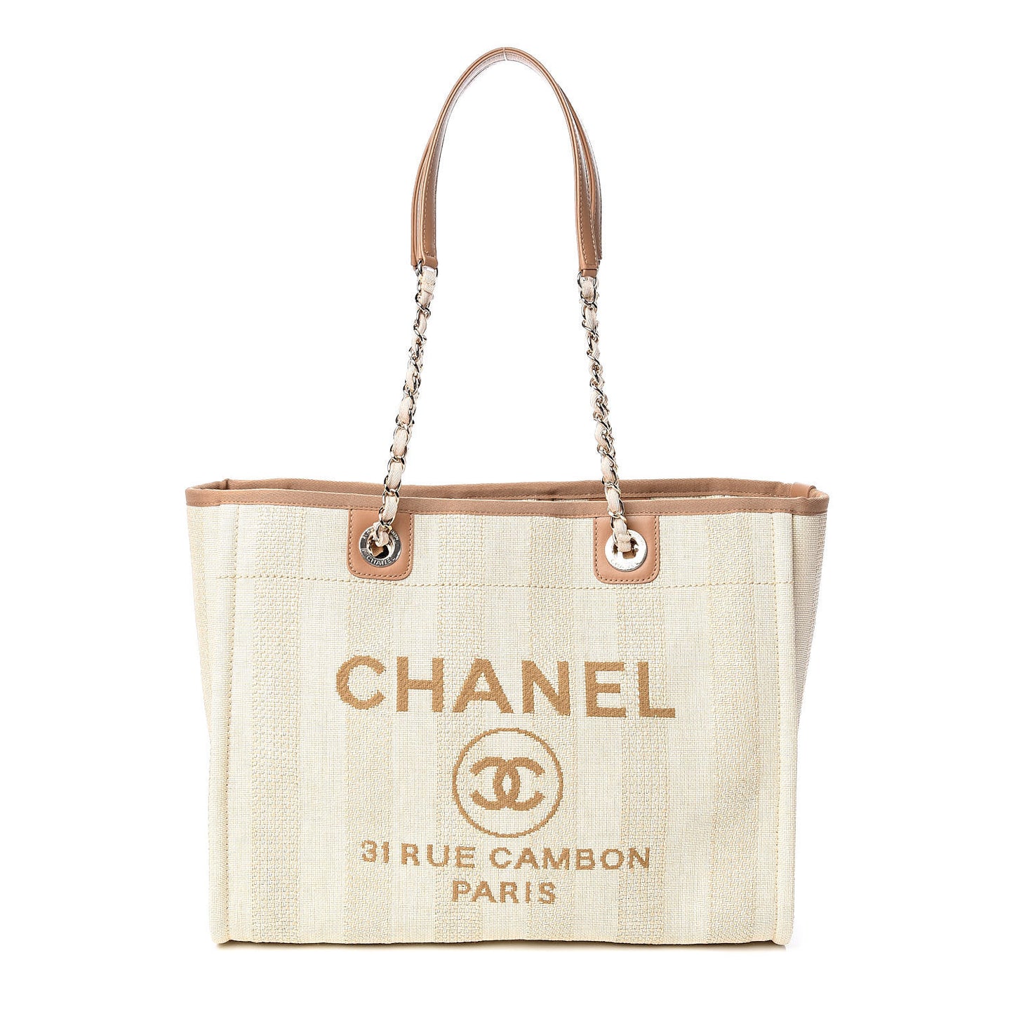Straw Raffia Calfskin Striped Small Deauville Tote Beige