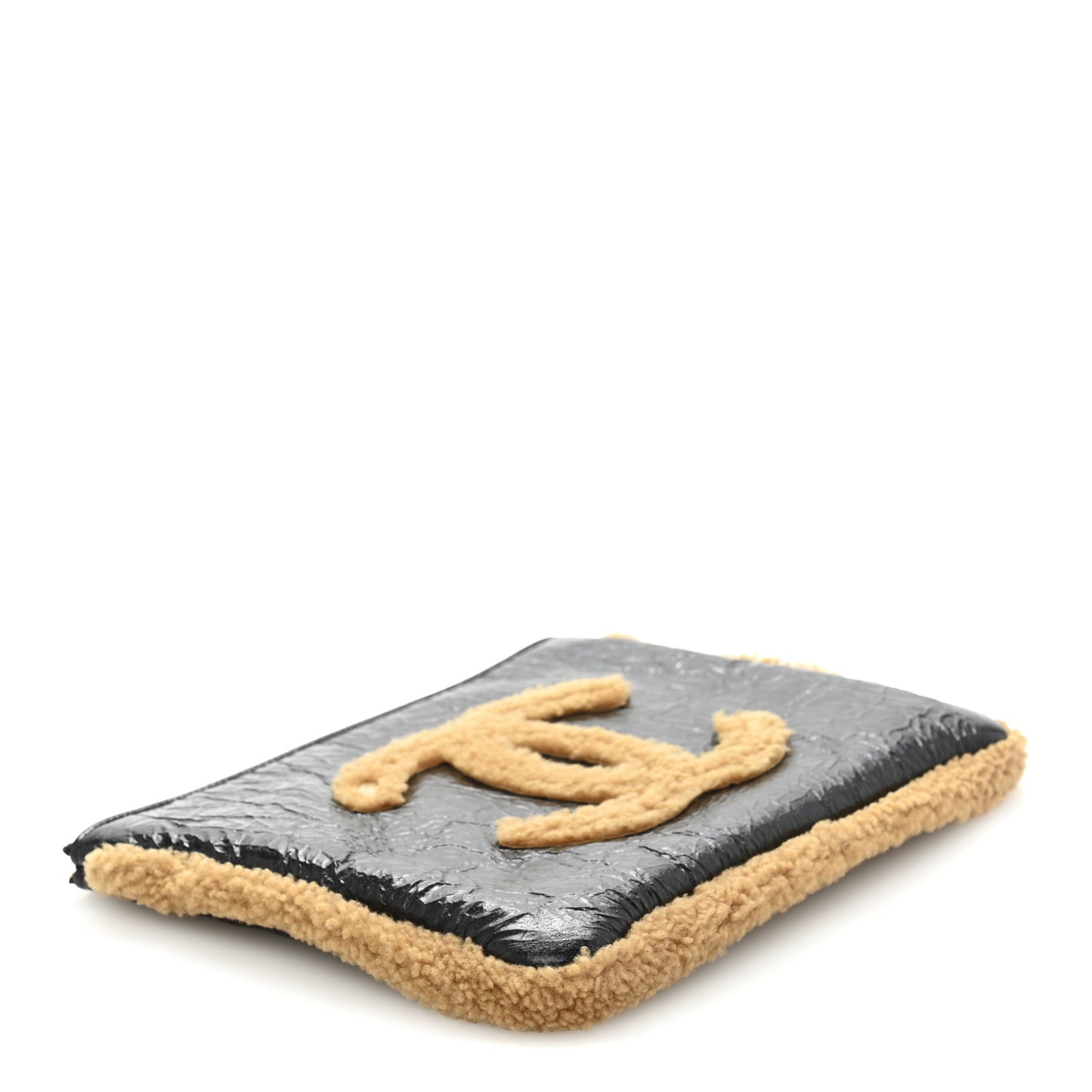 Shiny Crumpled Sheepskin Shearling CC Mania Zip Pouch Black Beige