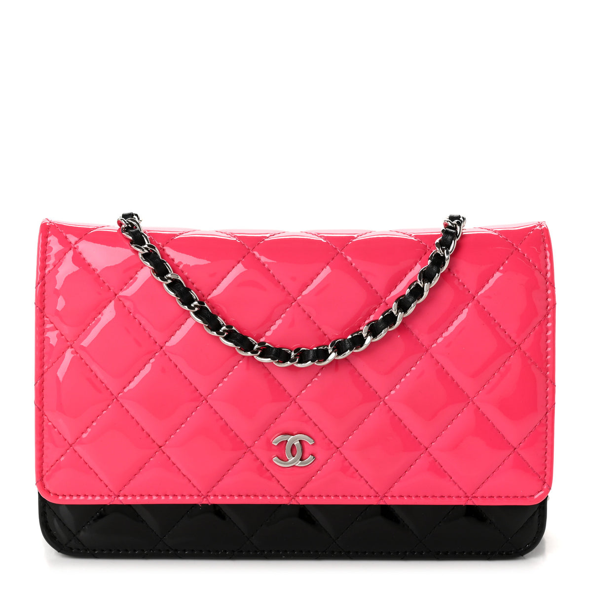Chanel Patent Quilted Bi-Color Wallet On Chain WOC Pink Black 1 of 12