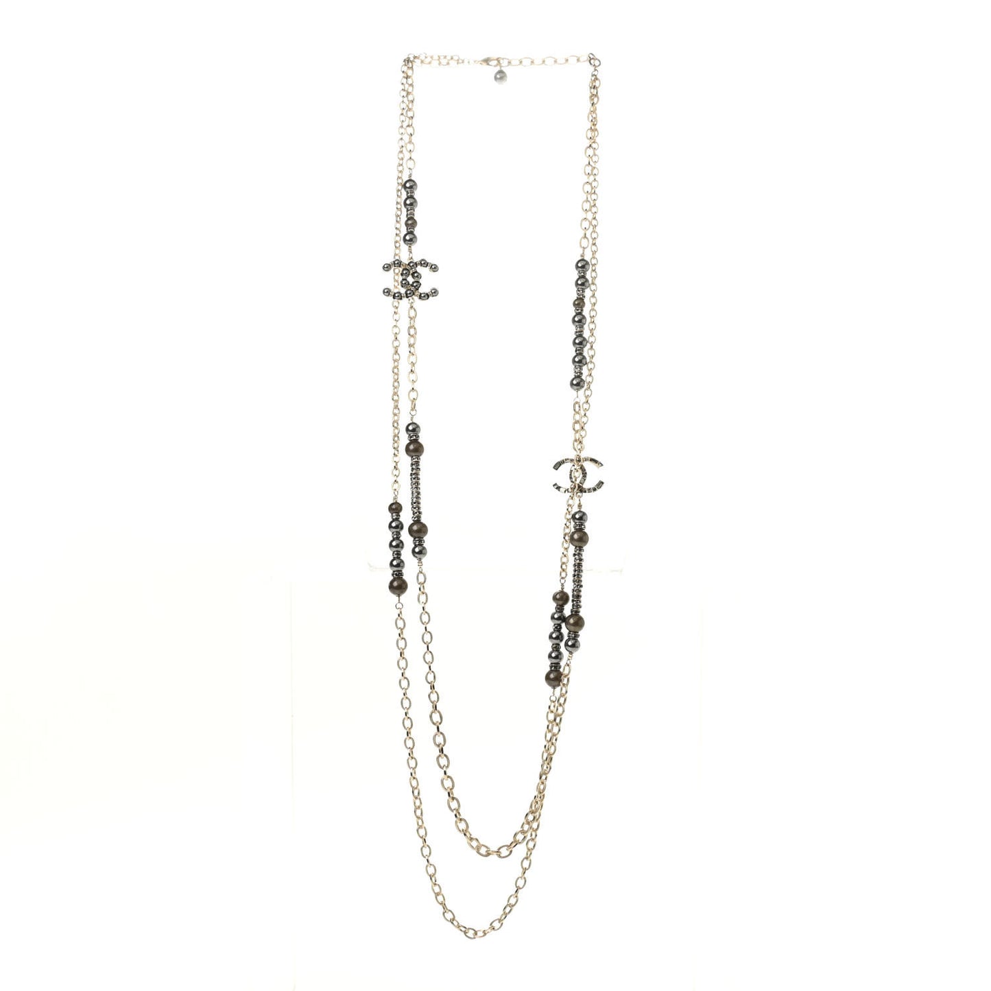 Pearl Crystal CC Long Necklace Gold