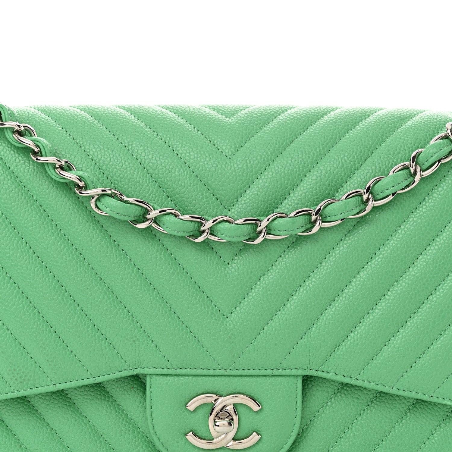 Chanel Caviar Chevron Quilted Jumbo Double Flap Green 8 of 13
