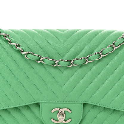 Chanel Caviar Chevron Quilted Jumbo Double Flap Green 8 of 13